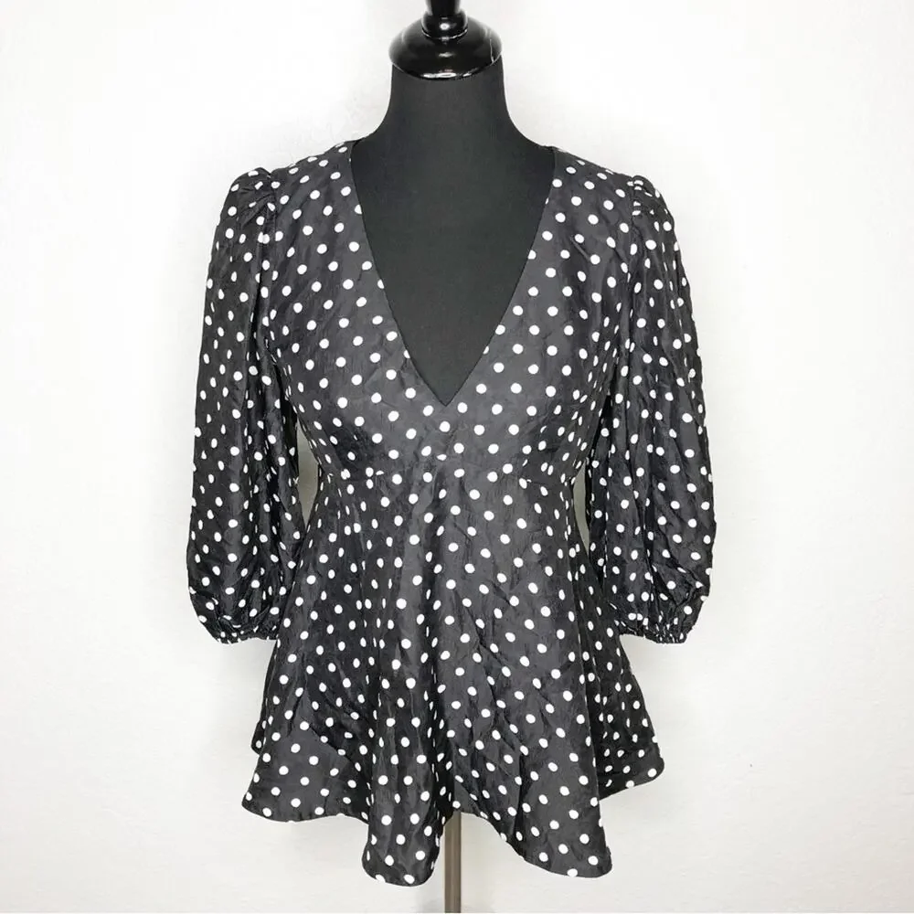 Kate Spade black white polka dot silk blend v neck top size 8